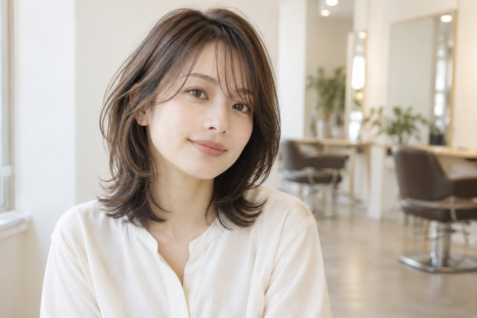 顔まわりにレイヤーを入れたミディアムヘアのイメージ