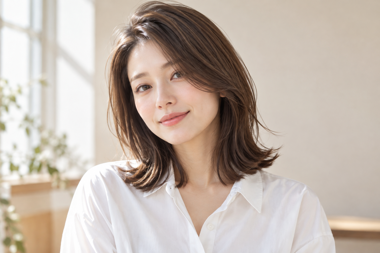 自然な毛流れのミディアムヘアを表現した成人モデルのAIイメージ