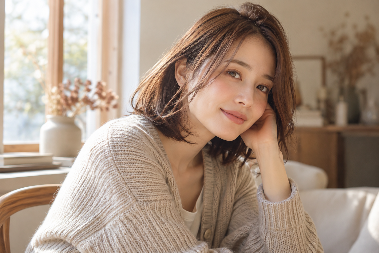 秋の服装と肩につくボブヘアを表現した架空の成人モデルのAIイメージ