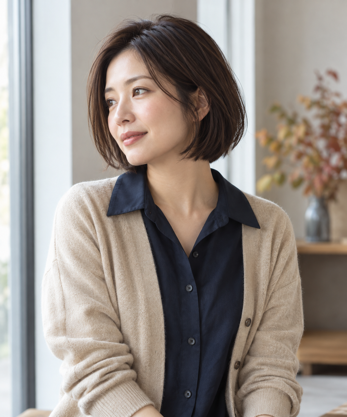 襟のあるシャツと短めのボブを合わせた架空の成人女性のAIイメージ
