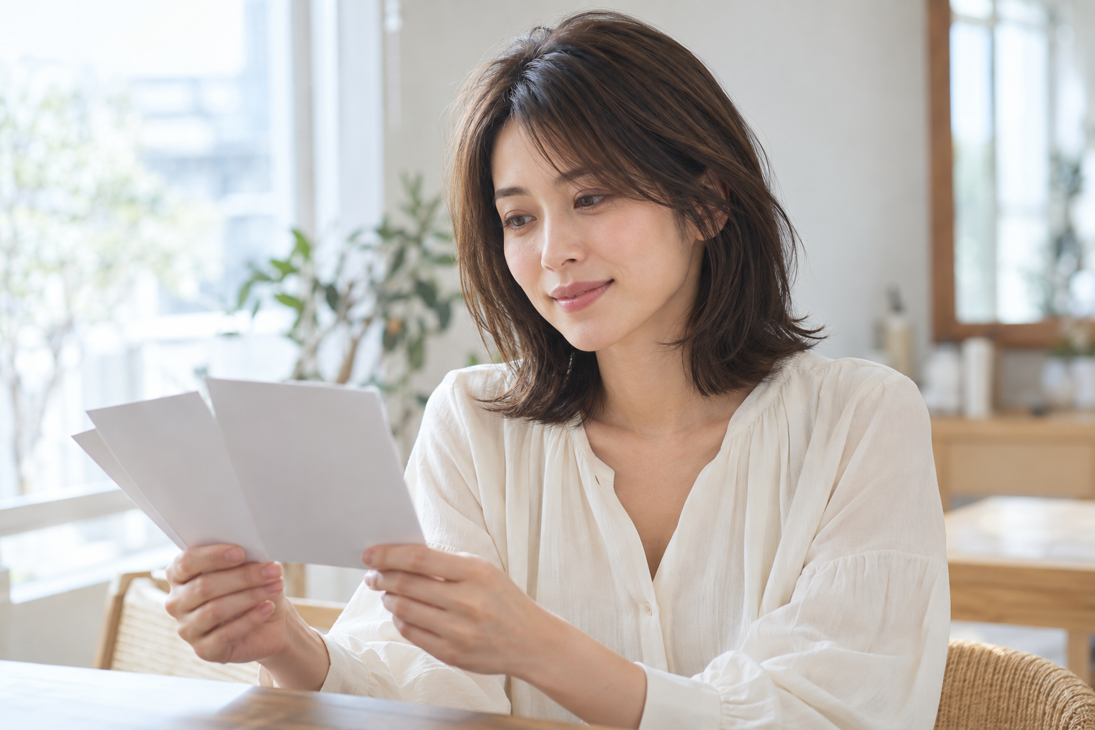 参考写真を見ながら髪型を考える架空の成人女性のAIイメージ