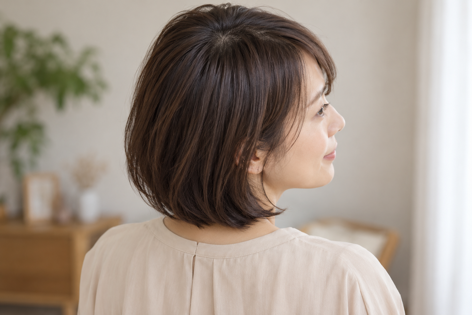つむじと自然な分け目が見える角度で写した架空の成人女性のAIイメージ