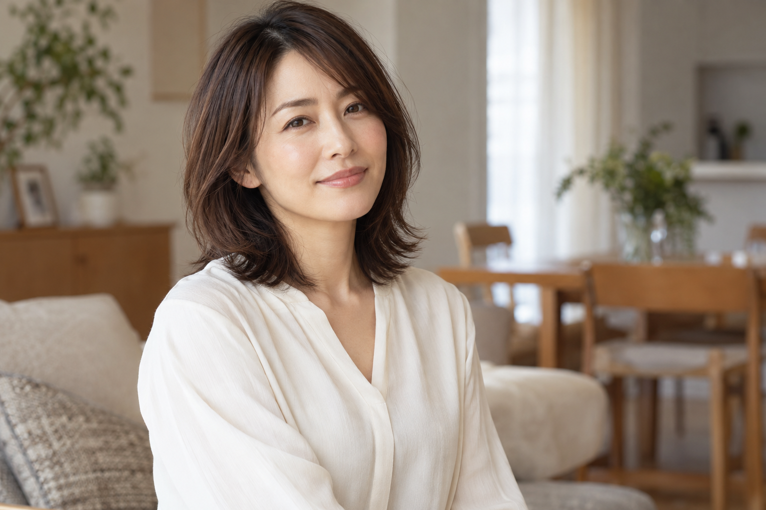 自然な肩までのレイヤーヘアで過ごす架空の成人女性のAIイメージ