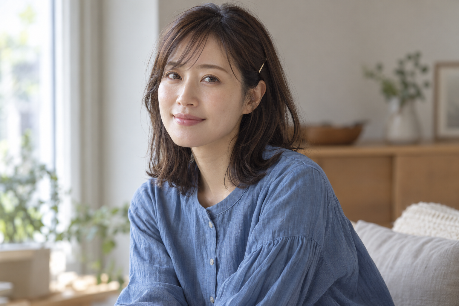 伸ばしかけの前髪を横へ流し小さなピンで留めた架空の成人女性のAIイメージ