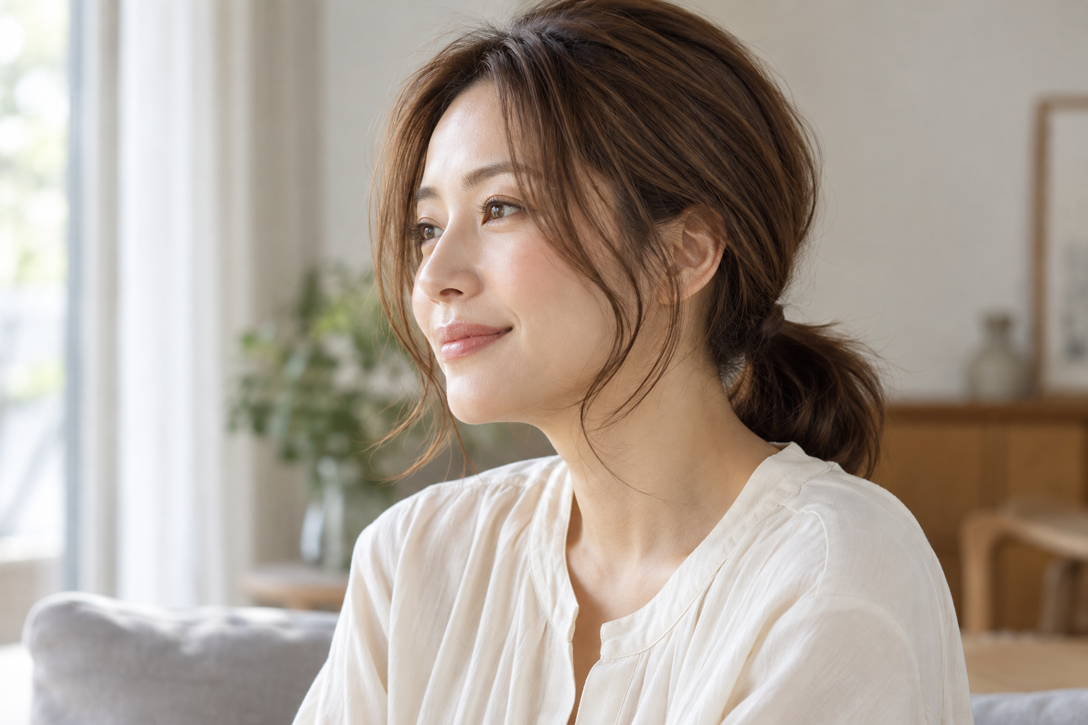 低めに結んだ髪と頬横の毛束が見える架空の成人女性のAIイメージ