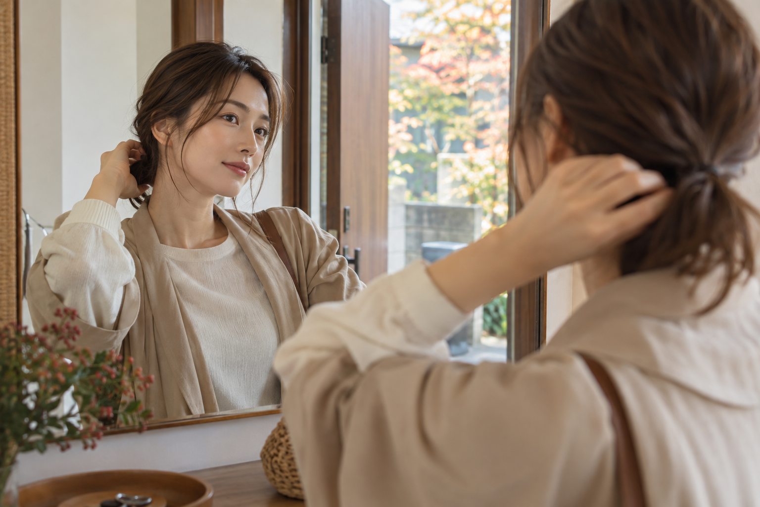 秋の外出前に鏡で低く結んだ髪を整える架空の成人女性のAIイメージ