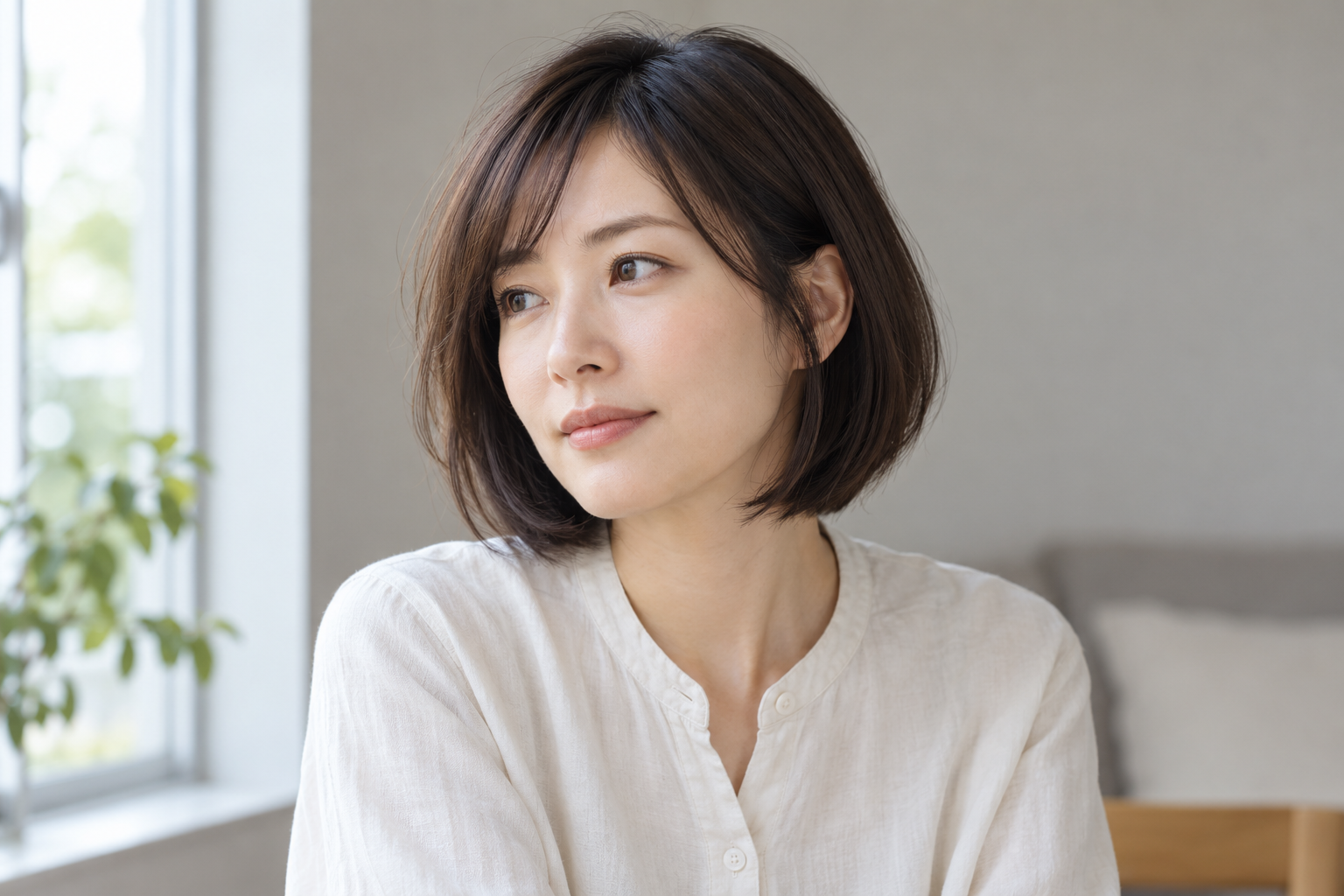 自然なボブの輪郭が見える架空の成人女性のAIイメージ